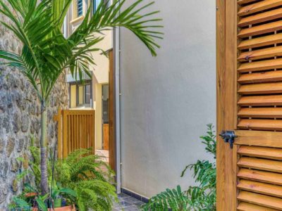 Allée pavée extérieure avec plantes tropicales menant au jacuzzi
