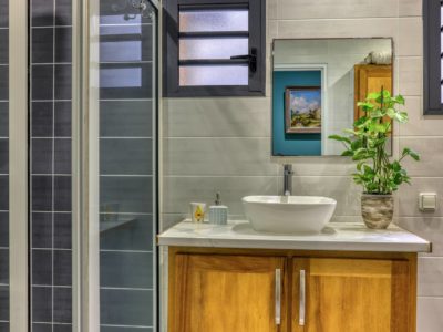 Salle de bain équipée avec rangements dans le T2 64 m² à Terre-Sainte