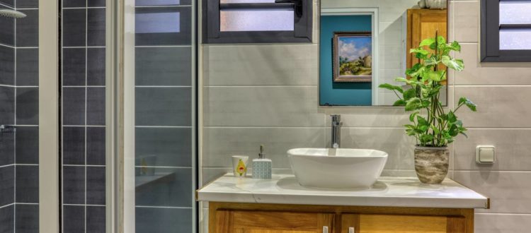 Salle de bain équipée avec rangements dans le T2 64 m² à Terre-Sainte