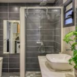 Douche à l’italienne avec paroi vitrée dans l’appartement T2 à Saint-Pierre