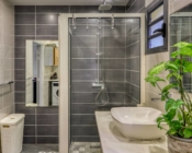 Douche à l’italienne avec paroi vitrée dans l’appartement T2 à Saint-Pierre