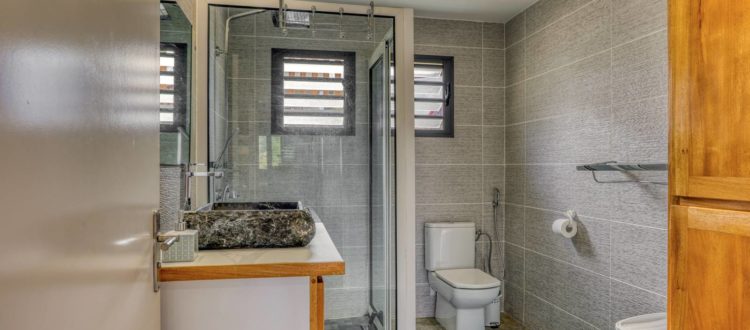 Salle de bain avec douche à l'italienne et meuble vasque
