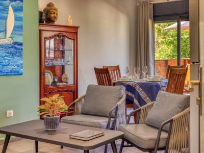 Salon lumineux avec fauteuils, plante décorative et salle à manger au fond