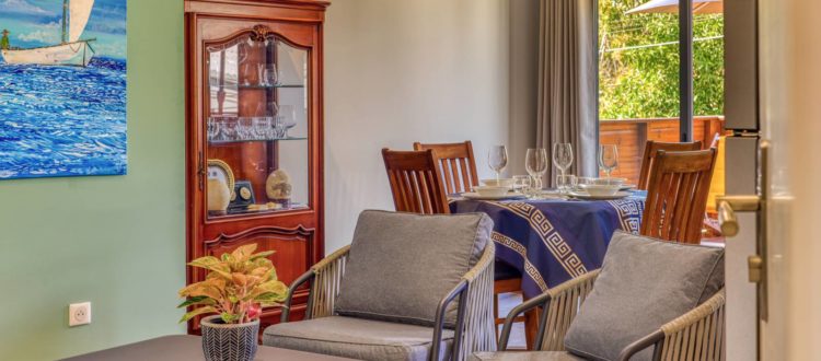 Salon lumineux avec fauteuils, plante décorative et salle à manger au fond